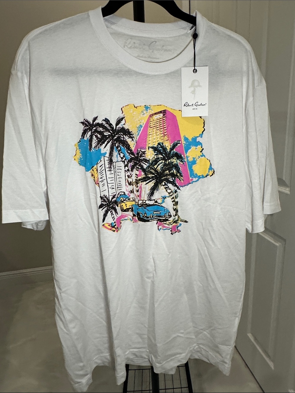 Robert Graham White Short-Sleeve Tee with Yellow, Pink & Blue Retro Palm Graphic